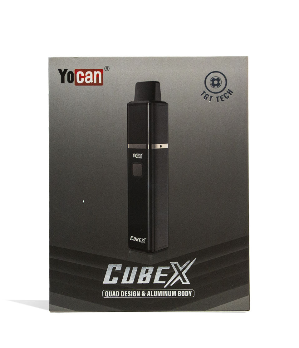 Black Yocan CubeX Concentrate Vaporizer Packaging Front View on White Background