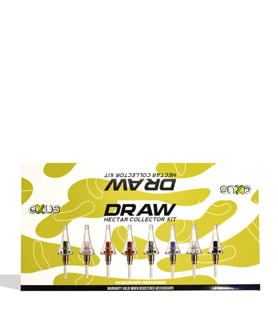 Exxus Draw Nectar Collector Kit 12pk display box shown flat and unassembled, with eight collector tips printed across the yellow and white header card