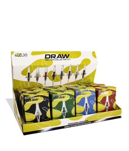 Exxus Draw Nectar Collector Kit 12pk display box at an angle, showing the yellow header card and individual retail boxes in black, green, blue and red