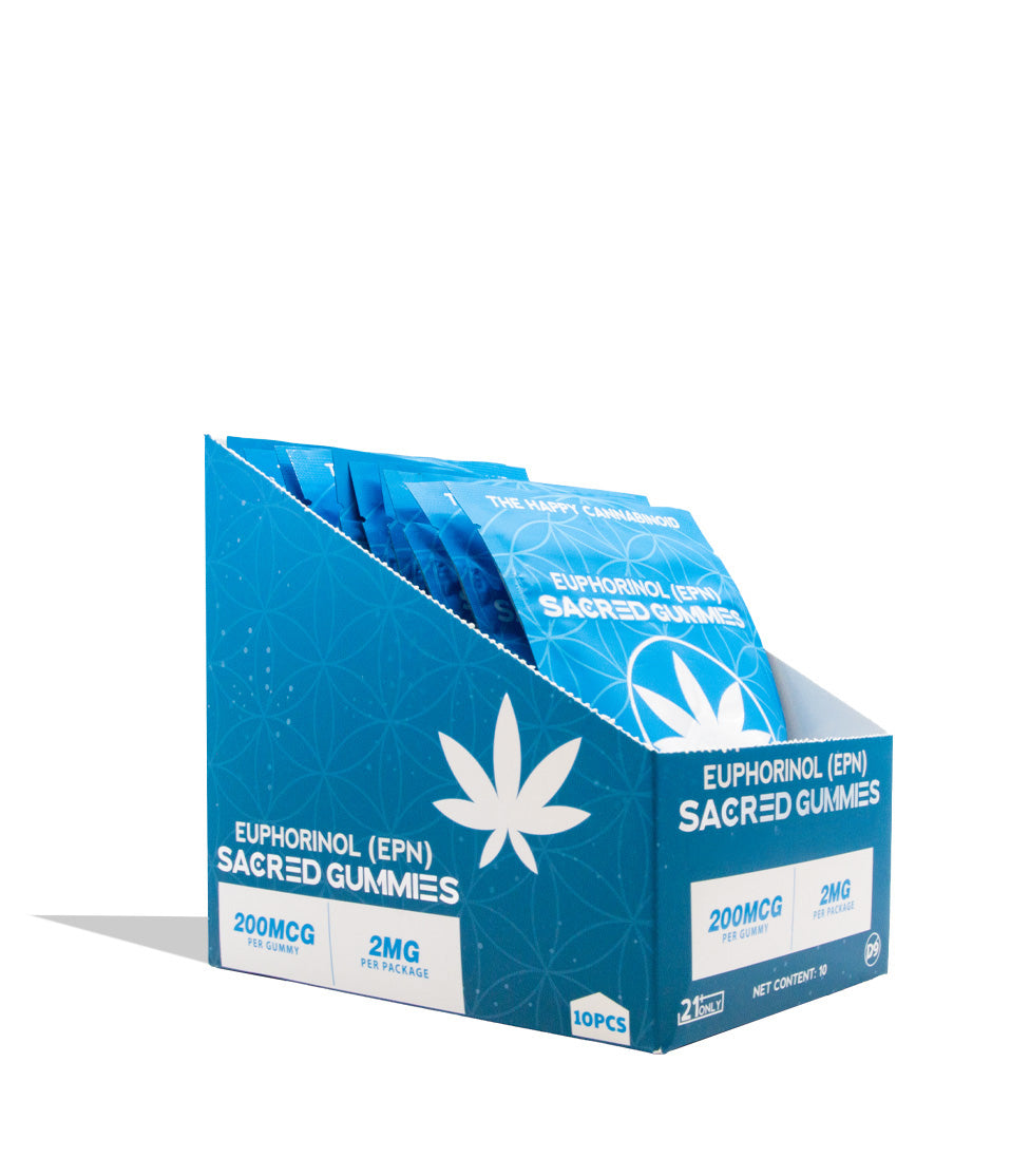 A blue display box of Sacred Gummies Euphorinol (EPN) 200mg, containing 10 individual packet sleeves, shown on a clean white background with a soft shadow.