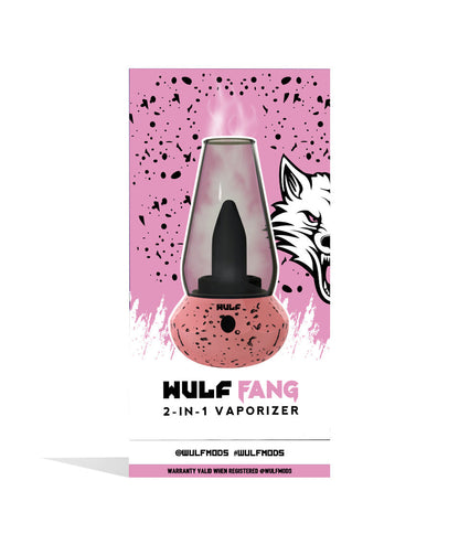 Pink and Black Spatter Wulf Mods Fang 2-in-1 Vaporizer front box view on white background