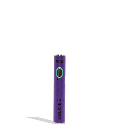 WULF Mods Hito 510 battery in purple black spatter color variant on a white background with a green ring light turned on surrounding the main power button.