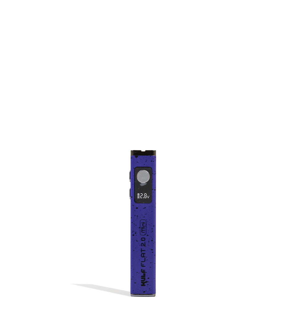 Purple Black Spatter Wulf Mods Flat Mini 2.0 Variable Voltage Battery 9pk Front View on White Background