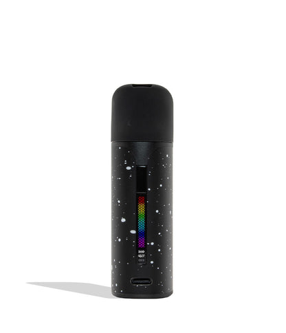 WULF MODS Pocket Mini concentrate vaporizer in black white spatter, featuring a vertical rainbow LED indicator light on the side, shown against a plain white background. Front view