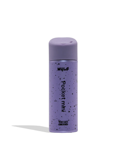 WULF MODS Pocket Mini portable concentrate vaporizer in purple with black spatter pattern details, featuring a vertical rainbow LED indicator light on the side, shown against a plain white background. Back view