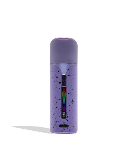 WULF MODS Pocket Mini portable concentrate vaporizer in purple with black spatter pattern details, featuring a vertical rainbow LED indicator light on the side, shown against a plain white background. Front view
