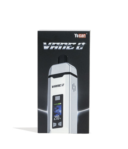 White Yocan Vane 2 Portable Dry Herb Vaporizer Packaging Front View on White Background